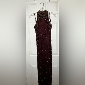 Vintage Adriana Papell Dark Purple Floral Beaded Silk Dress